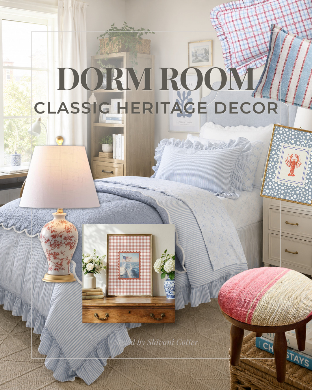 Heritage decor will never go out of style and it's a great shift from dorm looks we've seen the past few years. 

I love a classic dorm room look with soft blue bedding, red accents, ruffled details, woven storage, and timeless heritage-inspired decor. It's preppy and a little more grown-up than typical dorm themes.
#dormroomdecor #dormroomideas #preppydorm #classicdormroom #heritagedecor #collegedorm #dormbedding #dormessentials #dorminspo #blueandwhitehome #collegefinds #ltkcollege #shopltk

#LTKHome