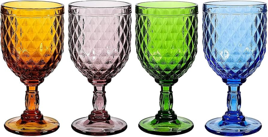 WHOLE HOUSEWARES Vintage Style Colored Glass Water Goblet Set of 4 Multi Colors Drinking Glasses ... | Amazon (US)