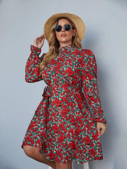 Plus Floral Print Mock Neck Flounce Sleeve Belted Dress | SHEIN