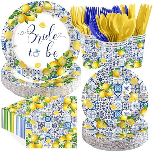 168Pcs Yellow Lemon Party Decor Blue Tiles Yellow Lemon Bridal Shower Plates Napkins Cups Forks K... | Amazon (US)