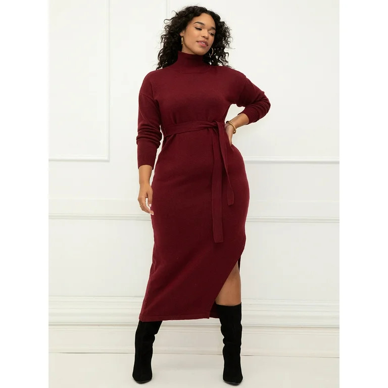 ELOQUII Elements Women's Plus Size Long Funnel Neck Sweater Dress - Walmart.com | Walmart (US)