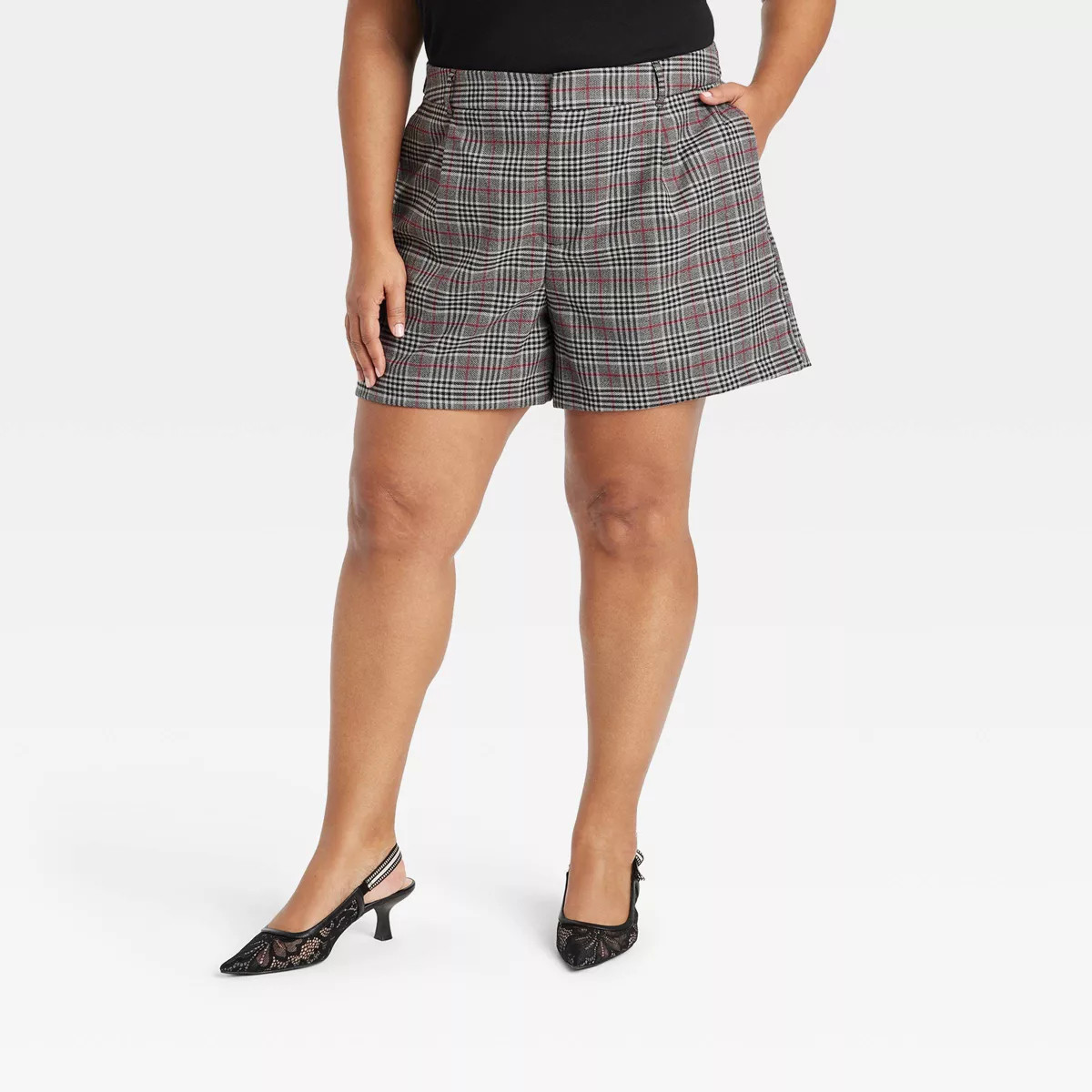 Women's Mid-Rise Trouser Shorts - Ava & Viv™ Gray Plaid 26 | Target