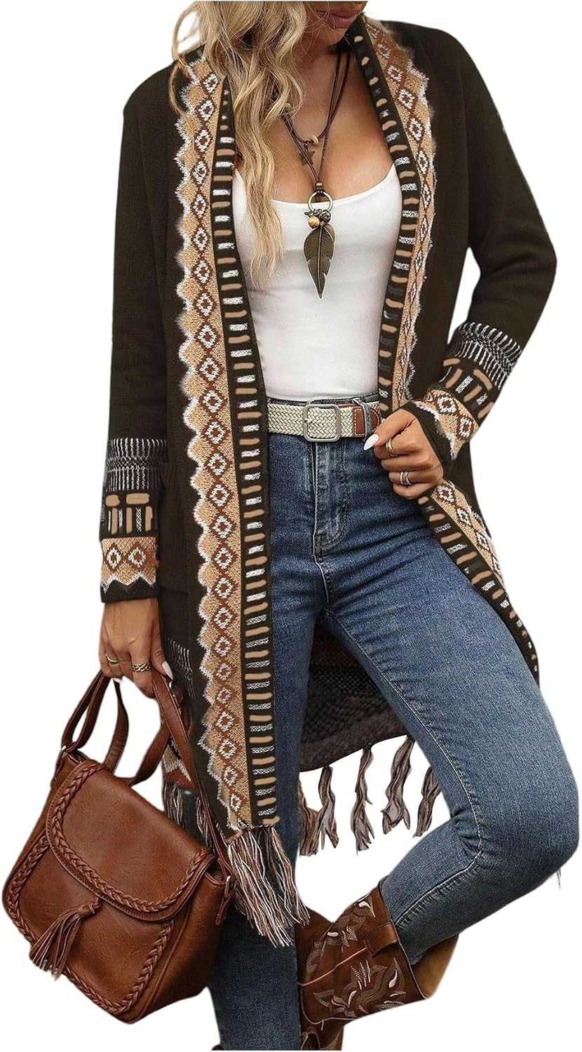 MakeMeChic Women's Boho Long Cardigan Sweaters Fringe Western Sweater | Amazon (US)