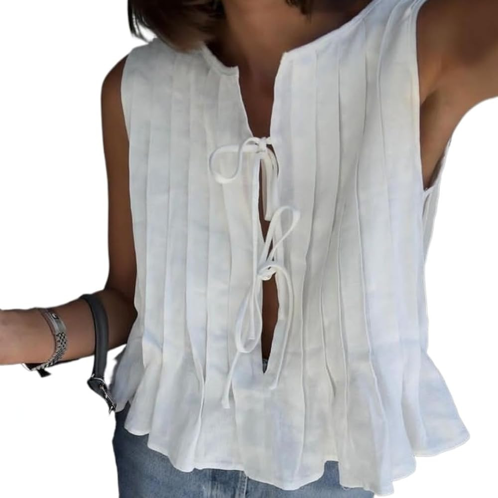 Y2K Coquette Linen Tie Front Tank Tops Women Sleeveless Pleated Shirts Peplum Tunic Ruffle Vest F... | Amazon (US)
