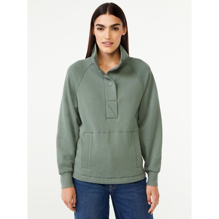 Free Assembly Women's Placket Popover Sweatshirt Top with Raglan Sleeves | Walmart (US)