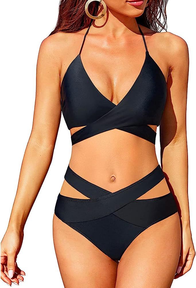 Holipick Two Piece Bikini Sets for Women High Waisted Bikini Push Up Swimsuit Halter Wrap Criss C... | Amazon (US)
