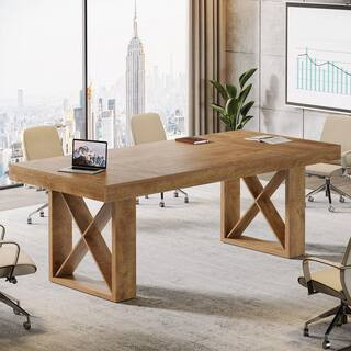 Moronia 63 in. Rectangle Brown Wood Computer Desk, Conference Table with X-Shaped Legs, Office Desk for Home Office | The Home Depot