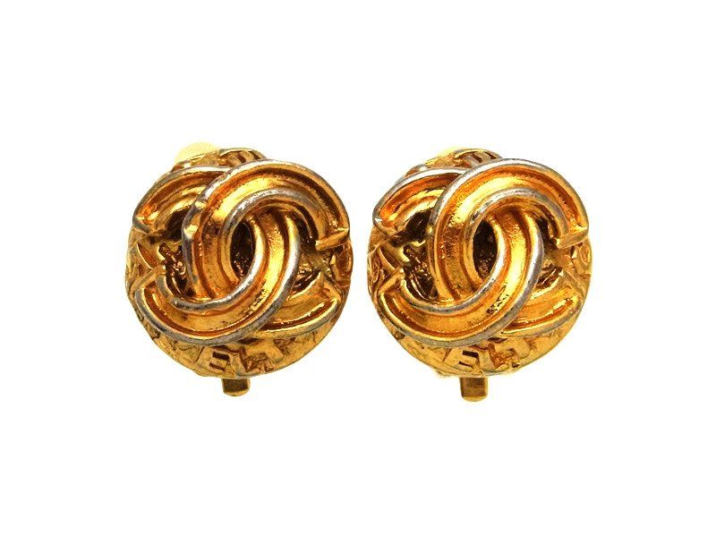 Chanel CC Logo Gold Tone Metal Round Earrings | TrueFacet (US)