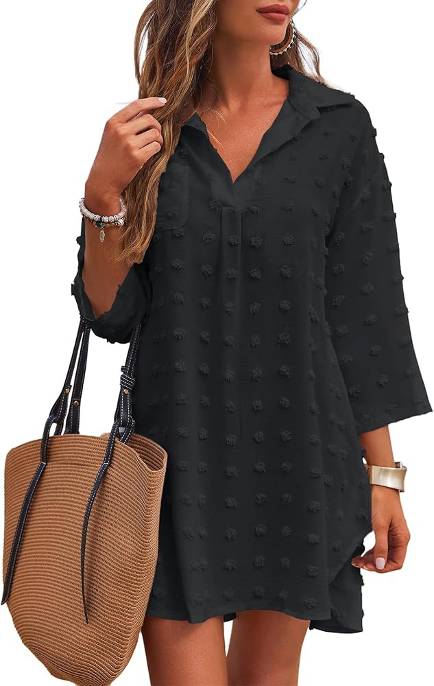 Ekouaer Women's Swimsuit Beach Cover Ups Shirt Chiffon Bikini Bathing Suit Swiss Dot Beach Shirt ... | Amazon (US)