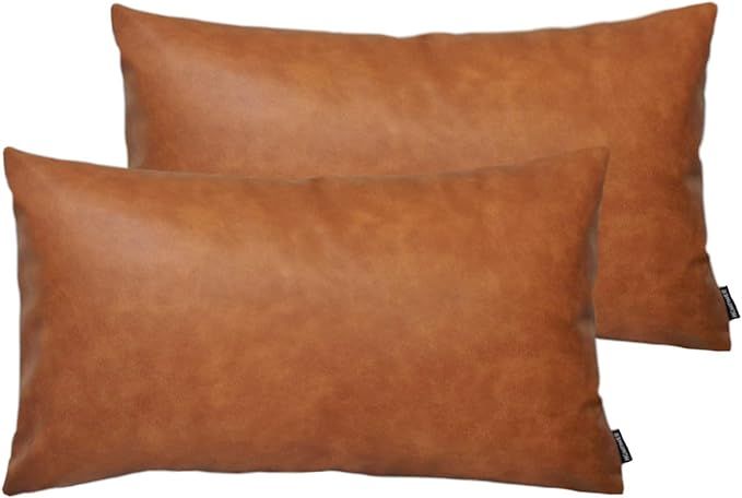 Set of 2 Thick Faux Leather Lumbar Throw Pillow Covers 12x20, Modern Farmhouse Boho Small Long Ac... | Amazon (US)
