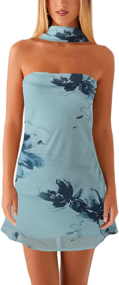 Women Floral Printed Mini Dress Sleeveless Ruffle Hem Backless Tube Short Dress Summer Bodycon On... | Amazon (US)