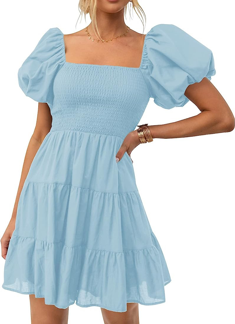 ZESICA Women's 2023 Boho Summer Square Neck Puff Sleeve Off Shoulder Smocked Tiered Casual A Line... | Amazon (US)