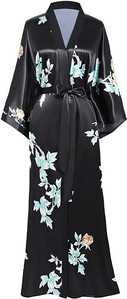 BABEYOND Floral Kimono Robe Satin Silk Wedding Robe 1920s Kimono Nightgown Sleepwear 53 Inches Lo... | Amazon (US)