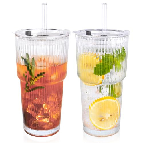 Colnic 2PCS 20oz Glass Cups with Lids and Straws, Iced Coffee Cups with Lids, Stylish Ribbed Thick Drinking Glasses Tumbler for Juice, Smoothies, Cold Beverages, Cute Cup Gifts with Clean Brush | Amazon (US)