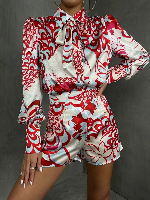 Tie Neck Graphic Print Puff Sleeve Blouse & Shorts | SHEIN