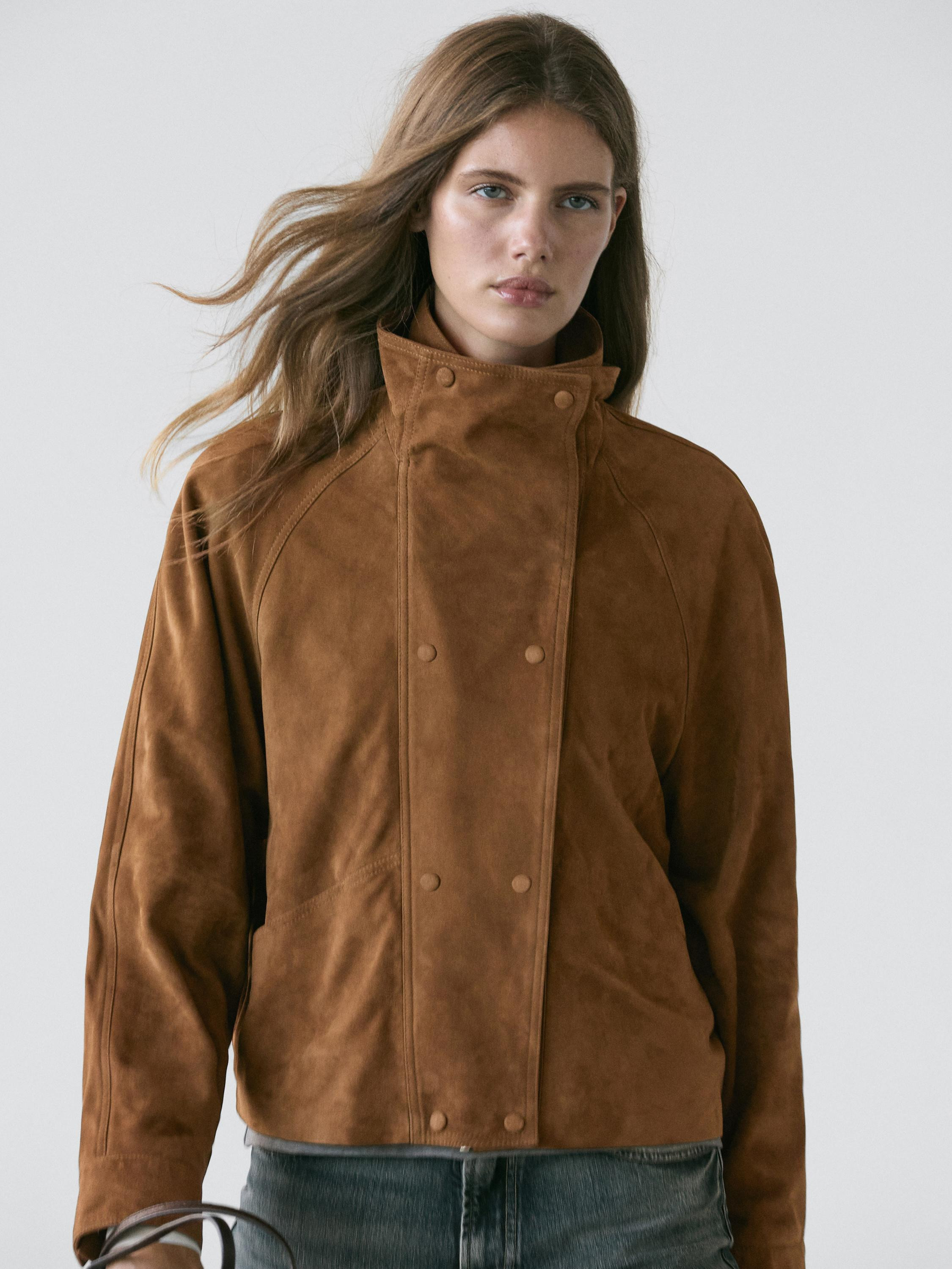 Suede leather jacket with buttons | Massimo Dutti UK