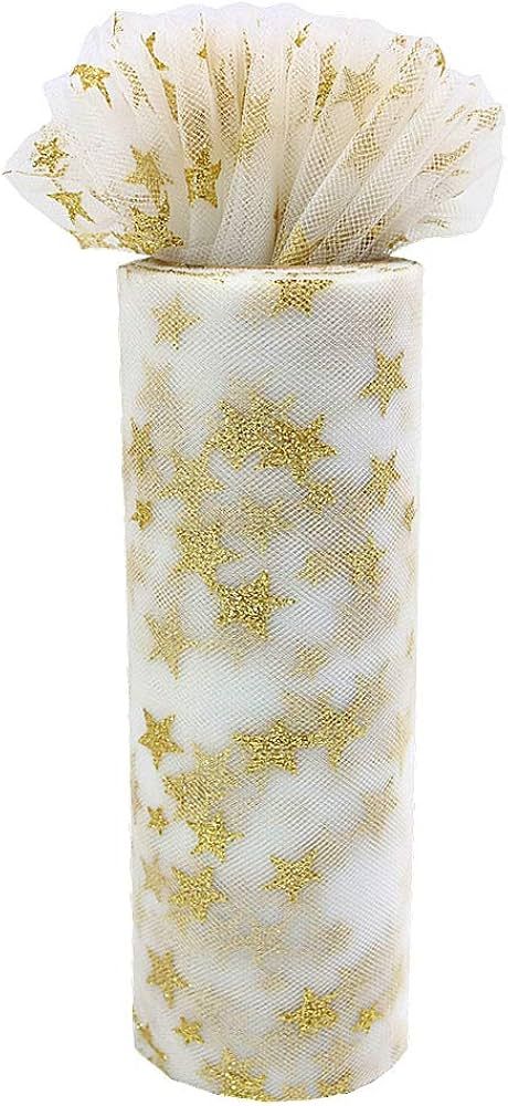 Yuanchuan Gold Star Glitter Tulle Rolls 6 inch x 10 Yards (30 feet) White Tulle Rolls Spool Fabri... | Amazon (US)