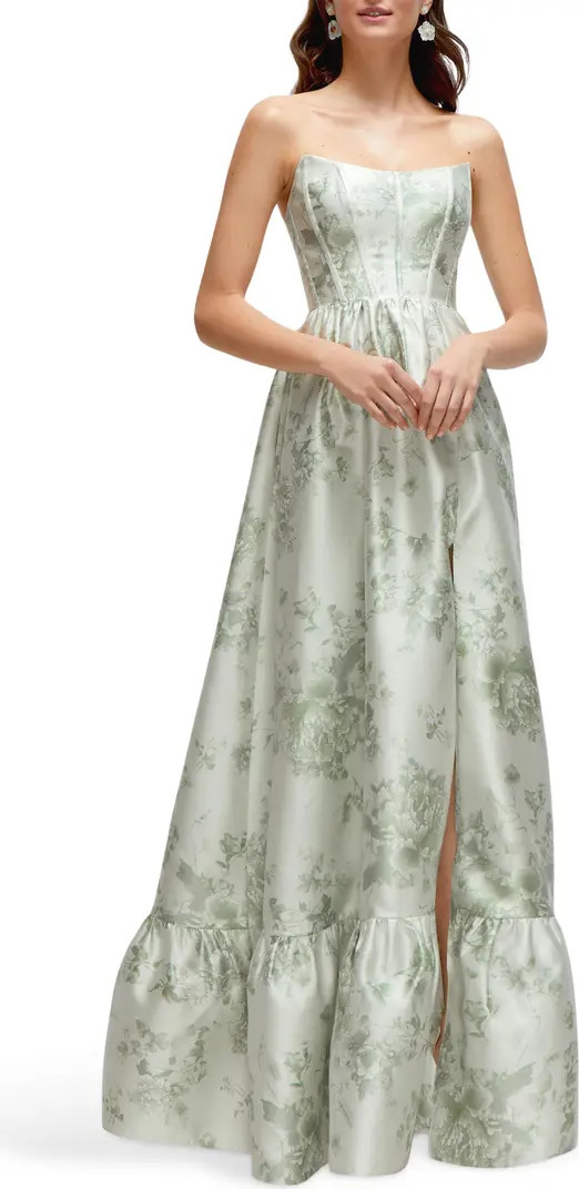 Floral Strapless Bustier Bodice Satin Gown | Nordstrom