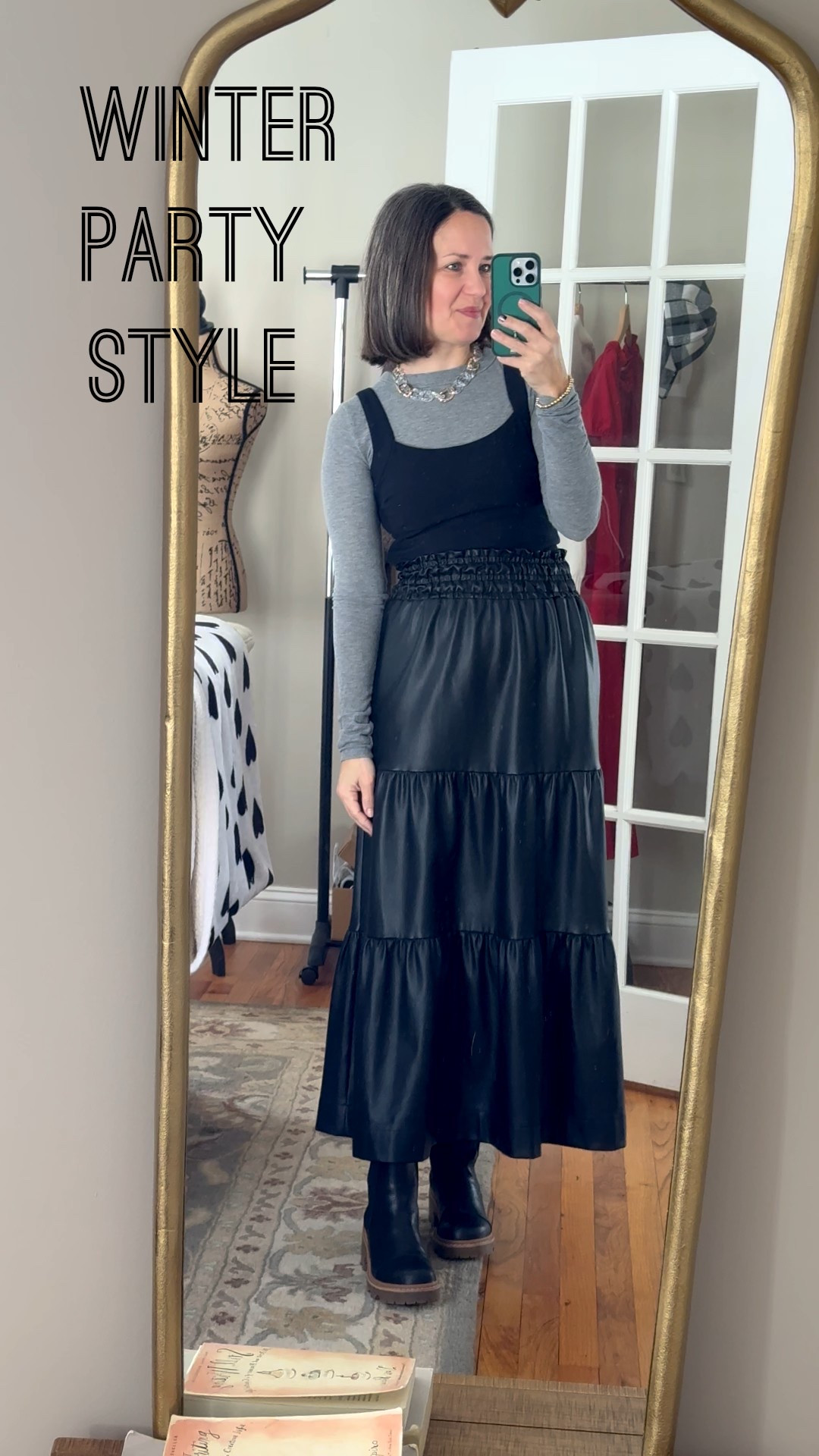 What I am wearing today for a brunch. Simple top with corset over it, chunky necklace, faux leather maxi skirt (years old from Anthro), Sorel lug sole boots. 
Winter ootd\ winter trends

#LTKSeasonal #LTKOver40 #LTKdayinmylife