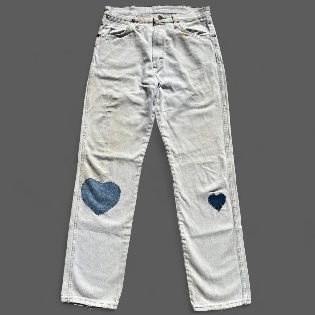 Wrangler Men's Straight leg Distressed Jeans - White/Blue - 33 | Depop US