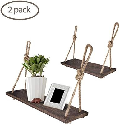 Yankario Rope Hanging Floating Shelves, Rustic Wood Wall Decor Swing Shelf with 4 Hooks, Pack of ... | Amazon (US)