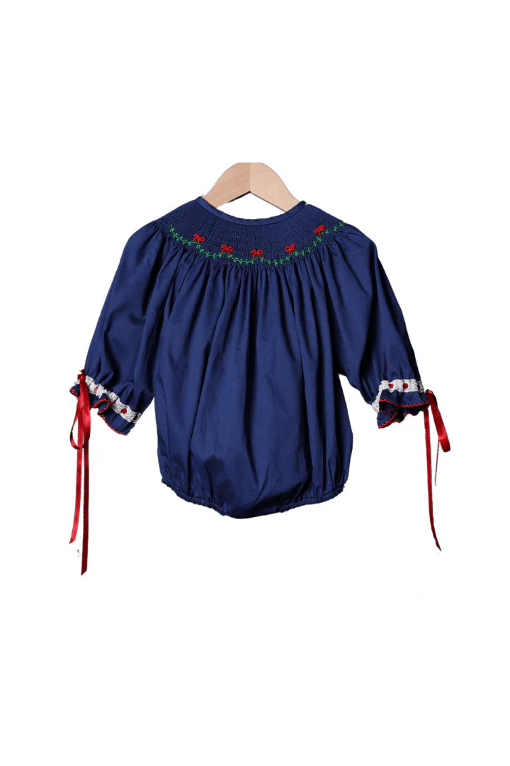 Holly Bow Navy Pique Bishop Bubble | The Smocked Flamingo