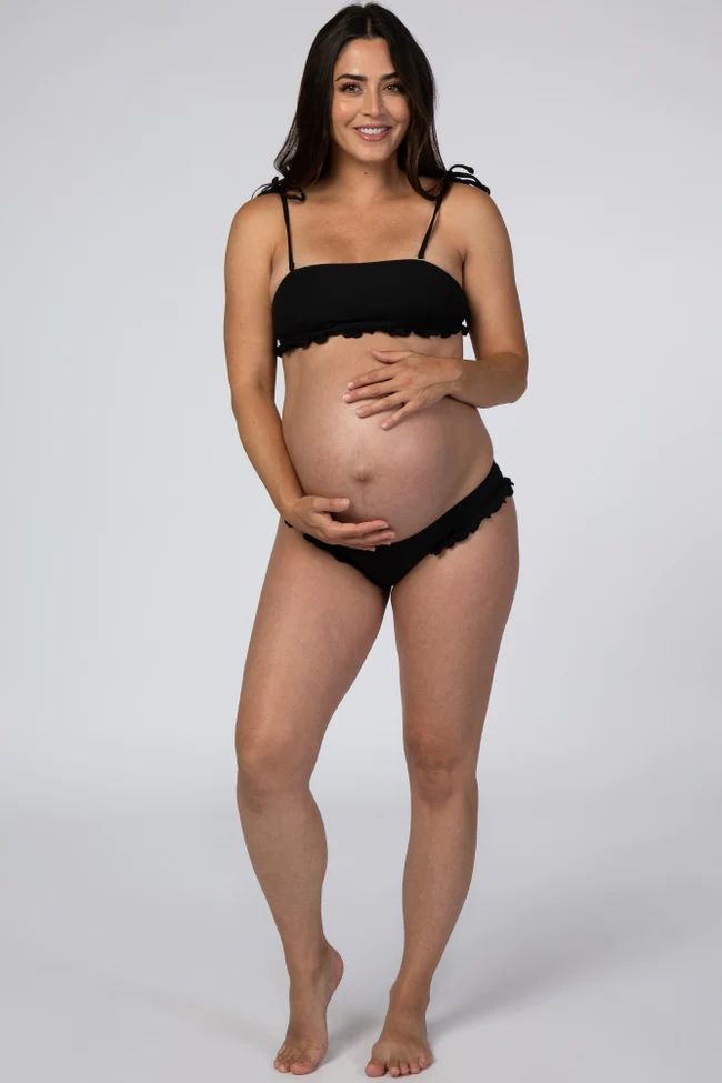 Black Ribbed Ruffle Accent Maternity Bikini Set | PinkBlush Maternity