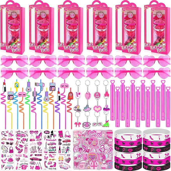 184Pcs Pink Girls Party Favors Pack - For 12Guests, Includ Goodie Box Heart Glasses Straws Bubble... | Amazon (US)