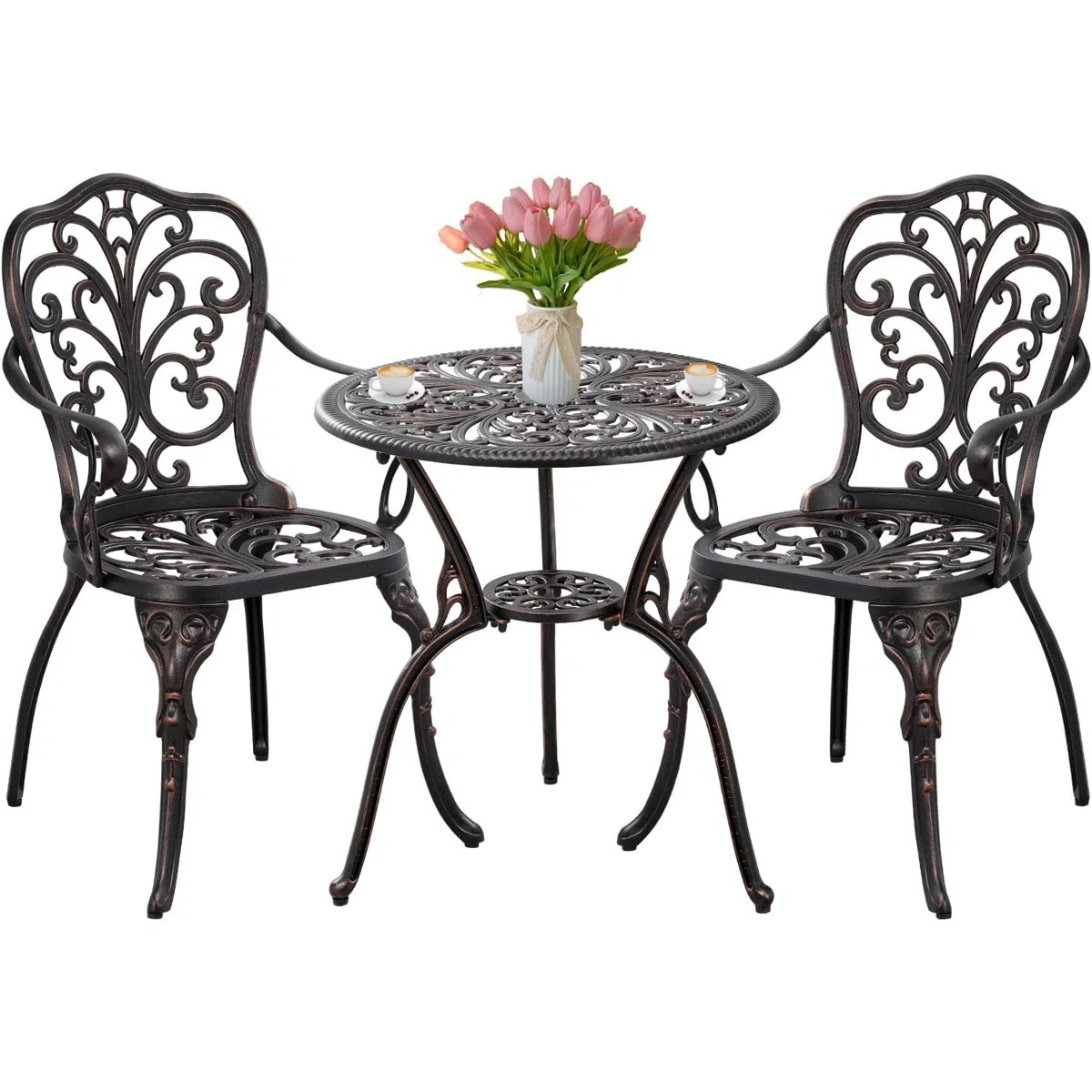 3 Piece Bistro Set Outdoor Cast Aluminum Bistro Table and Chairs Set of 2 for Garden | Wayfair North America