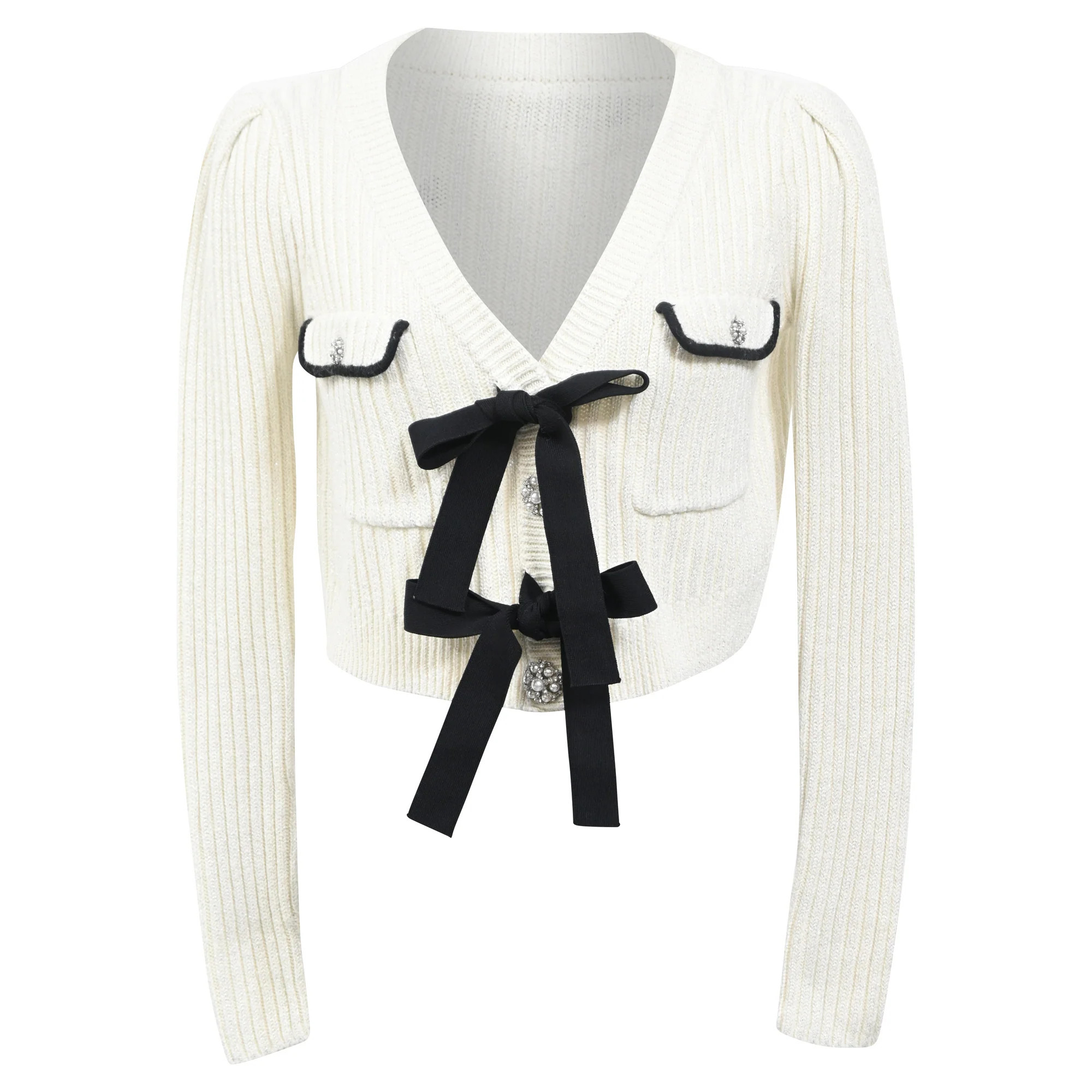 Self-Portrait Bow-Embellished Cardigan in White Wool | Shop Simon