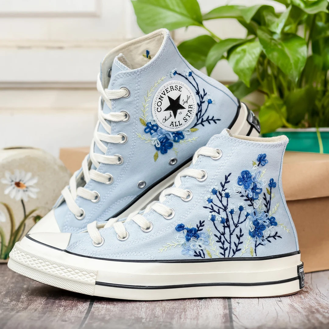 Customized Embroidered Converse Shoes, Blue Flower Embroidered Sneakers Custom, Flower Embroidere... | Etsy (US)