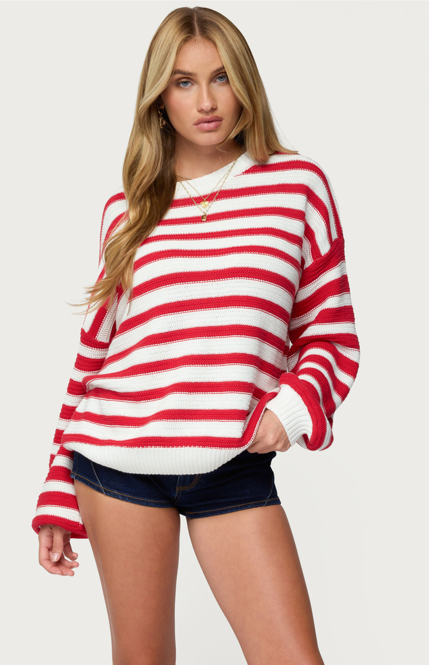 Edikted Women's Aerin Oversized Sweater in Off White/Red - Size XL | PacSun