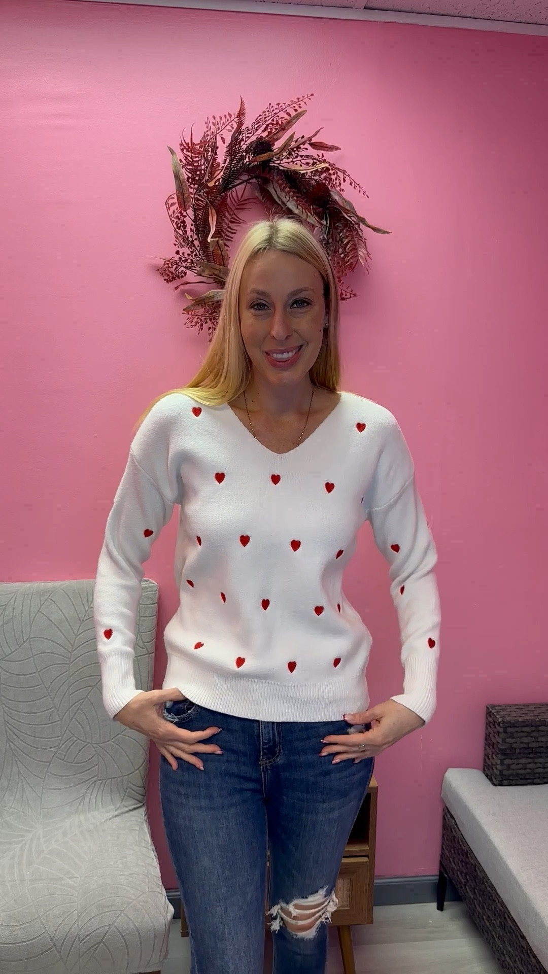 Heart covered sweater 
❤️ a cute sweater to wear through the holidays and valentines 
❤️ it is stretchy and comfy 
❤️ I am wearing size small, fits true to size, I am 5’10”

#LTKFindsUnder100 #LTKTall #LTKFindsUnder50
