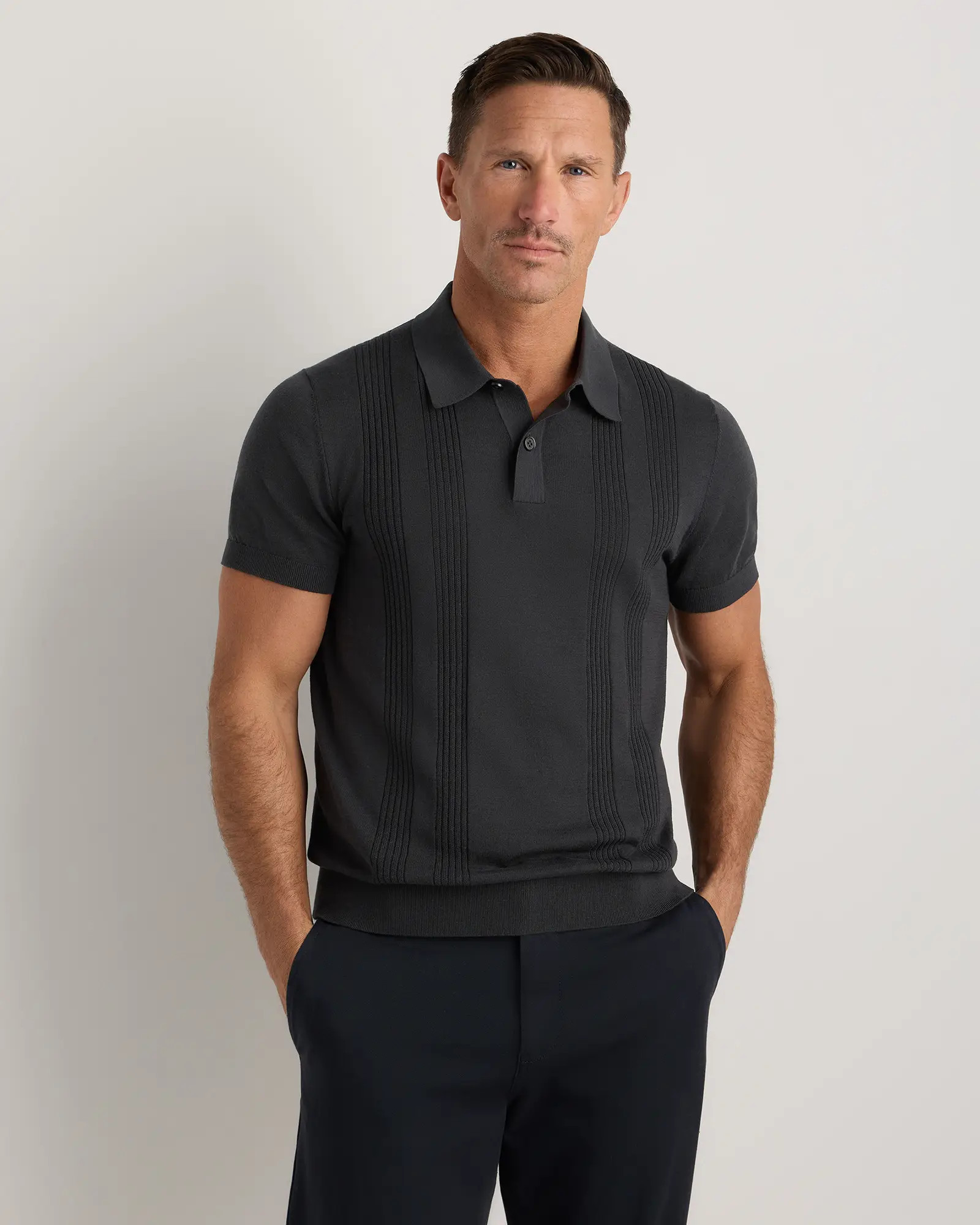 Cotton Silk Ribbed Short Sleeve Sweater Polo in Charcoal | Quince