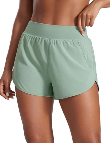 CRZ YOGA Dolphin Flat Waist Athletic Shorts for Women 3" - High Rise Quick Dry for Running Workout Gym Track with Zip Pockets Green Palm Court Small | Amazon (US)