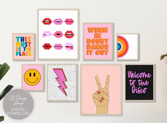 Retro Wall Art Set of 8, Trendy Art Print Bundle, Dorm Wall Decor, Throwback Art Prints, DIY Wall... | Etsy (US)