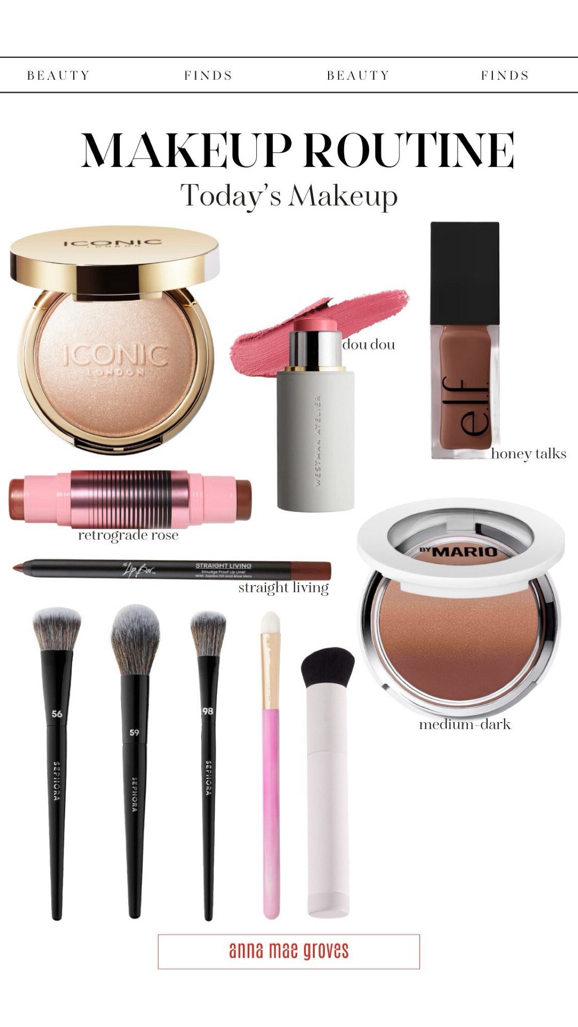 My makeup routine from today: dibs beauty stick (retrograde rose), e.l.f. lip oil (honey talks), the lip bar liner (straight living), iconic london highlighter, makeup by mario skin perfector (medium dark), and westman atelier blush (dou dou). Brushes from Sephora & Tarte.

#LTKOver40 #LTKBeauty #LTKStyleTip