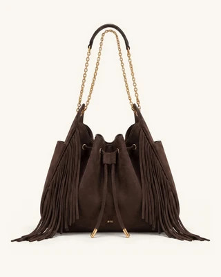 Rowan Faux Suede Tassel Ruched Drawstring Chain Bucket Bag - Amber Brown | JW PEI US