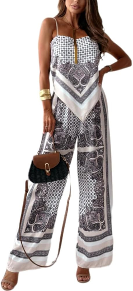 ksotutm Womens Paisley Print 2 Piece Outfits Sleeveless Cami Top Going Out Wide Leg Pants Boho Su... | Amazon (US)