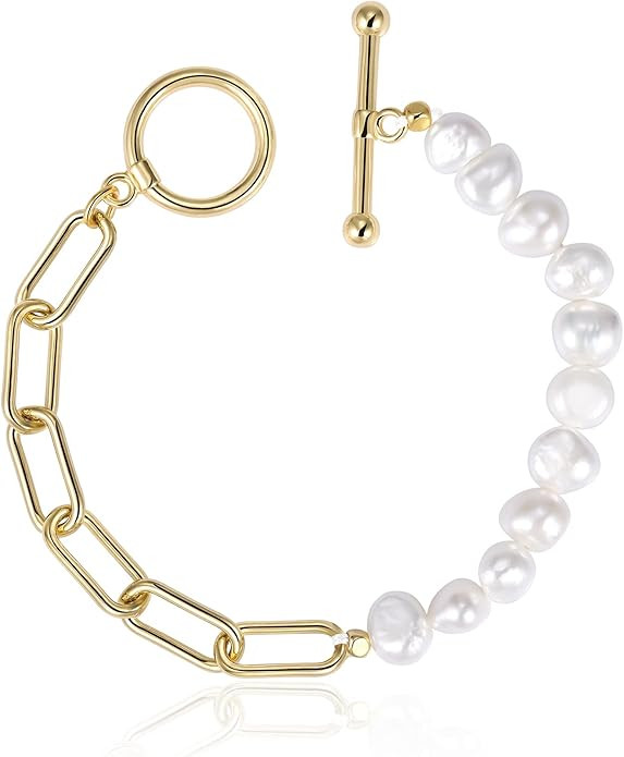 Cowlyn Paperclip Pearl Bracelet Baroque Culture Link Chain 14K Gold Plated Dainty Handmade Bangle... | Amazon (US)