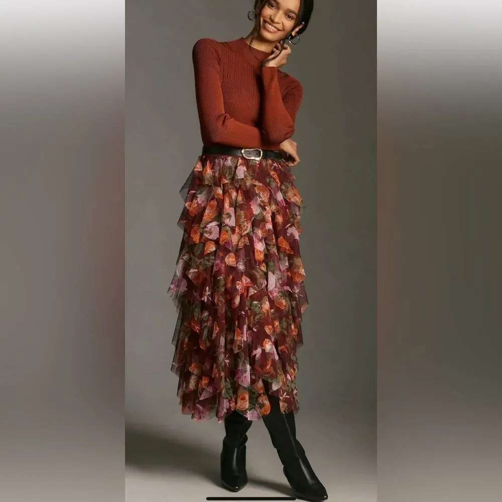Anthropologie The Ch\u00e9ri\u205fRuffled Tulle Midi Skirt | Poshmark