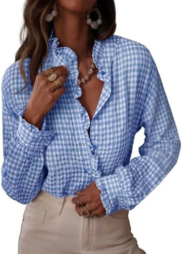 Astylish Womens Plaid Ruffle V Neck Button Down Blouse Casual Long Sleeve Gingham Trendy Tops Wor... | Amazon (US)