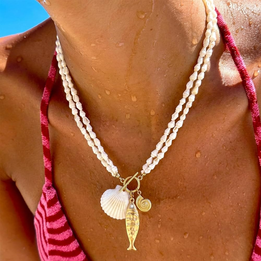 Fish Necklace for Women Chunky Beach Seashell Fish Pendant Necklace Summer Boho Fish Charm Layere... | Amazon (US)