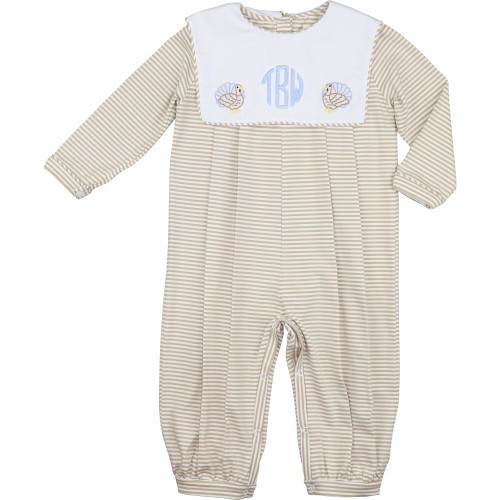 Khaki Stripe Knit Turkey Long Romper - Shipping Mid-October | Cecil and Lou