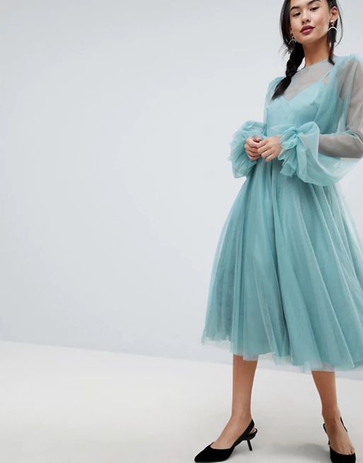 ASOS DESIGN tulle midi dress with sheer blouson sleeve | ASOS US