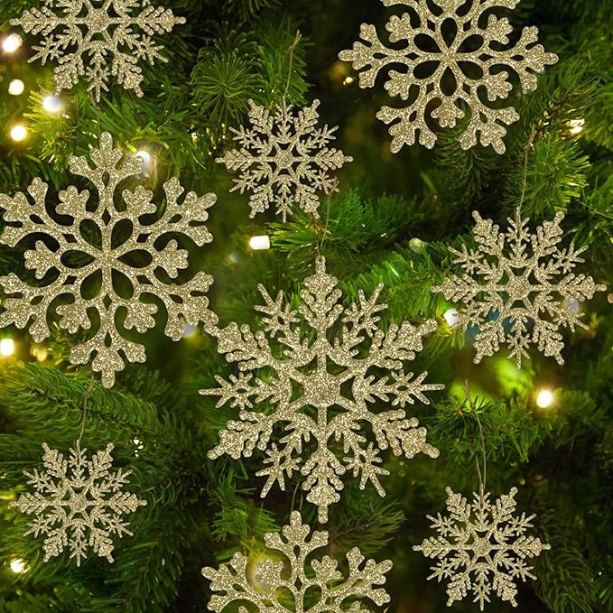 36pcs Christmas Gold Snowflake Ornaments Plastic Glitter Snow Flakes Ornaments for Winter Christm... | Amazon (US)