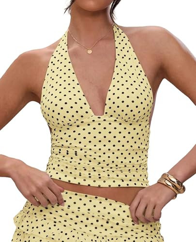 KIGRAD Women Y2k Coquette V Neck Polka Dot Mesh Crop Halter Tops Sexy Open Back Tie Up Fitted Ruched Tank Summer Shirts Yellow | Amazon (US)