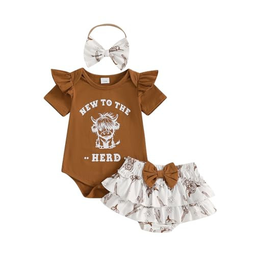 Gaono Western Baby Girl Summer Clothes Cow Print Short Sleeve Romper Ruffle Shorts Set Infant Cowgirl Outfits (Brown, 12-18 Months) | Amazon (US)