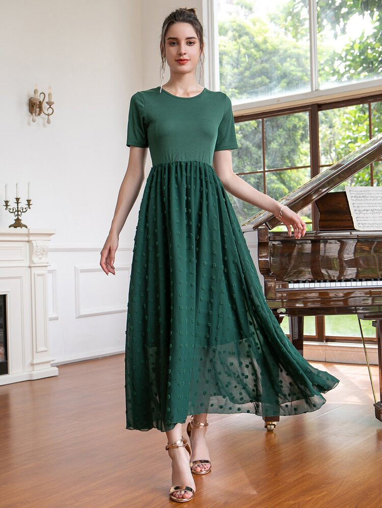 Solid Swiss Dot A-line Dress | SHEIN