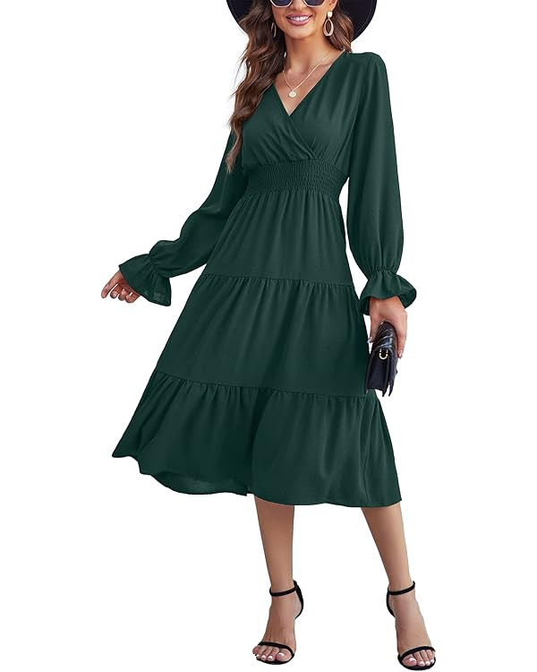 KOJOOIN Women's Casual Wrap V Neck Midi Dress Long Sleeve Smocked Waist Tiered A Line Pleated Flo... | Amazon (US)